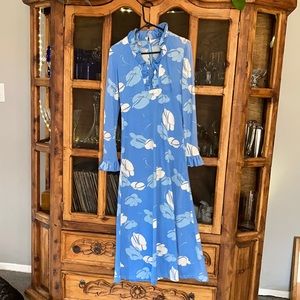 Vintage handmade long sleeve maxi dress in a powder blue & white floral design.